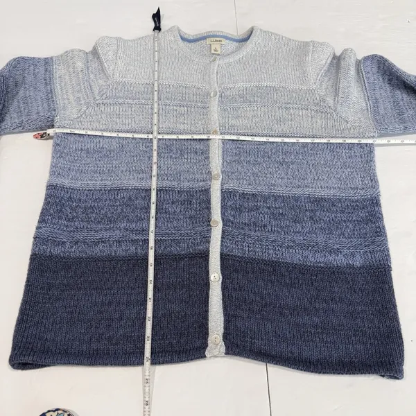 LL Bean Blue Ombré Stripe Chunky Knit Button‎ Cotton Cardigan Sweater LARGE - Image 6