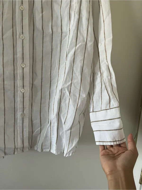 Banana Republic 100% Linen Striped Button Down Shirt XS White Beige Coastal - Image 4
