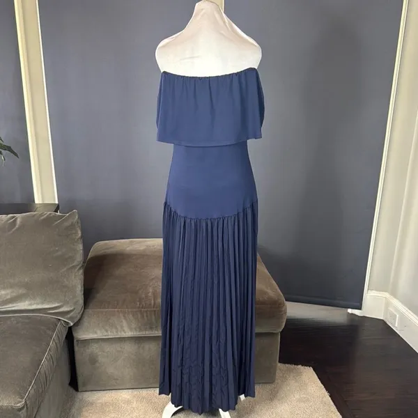 Women’s Navy Off-Shoulder Maxi Dress Pleated Skirt Size L - Image 6