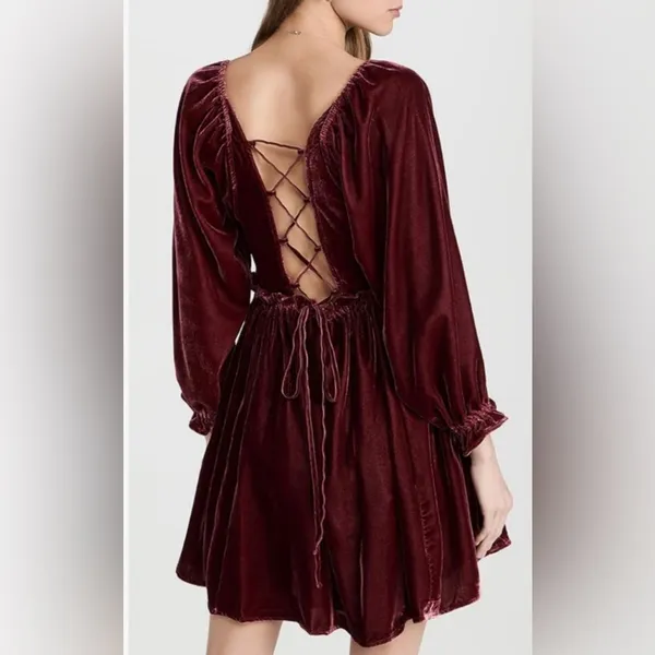 Free People Daphne Boho-Chic Velvet Whimsical Grunge Mini Dress Lace Back Sz S - Image 7