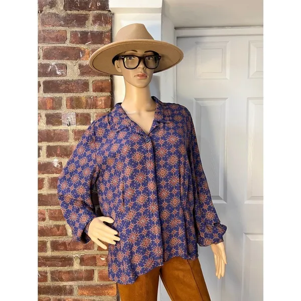 Liz Claiborne Vintage 70s Style Boho Paisley Blouse Earthy Dark Academia Rayon Size 10 - Image 4