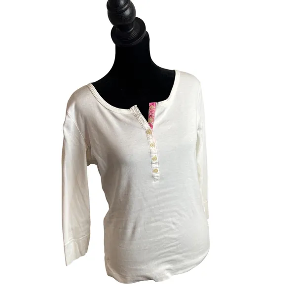 Vintage Lilly Pulitzer White Henley Top Womens M 3/4 Sleeve Cotton Casual Tee - Image 3