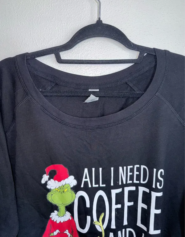 The Grinch Coffee and Dog Graphic Top Black Long Sleeve Christmas - Image 2