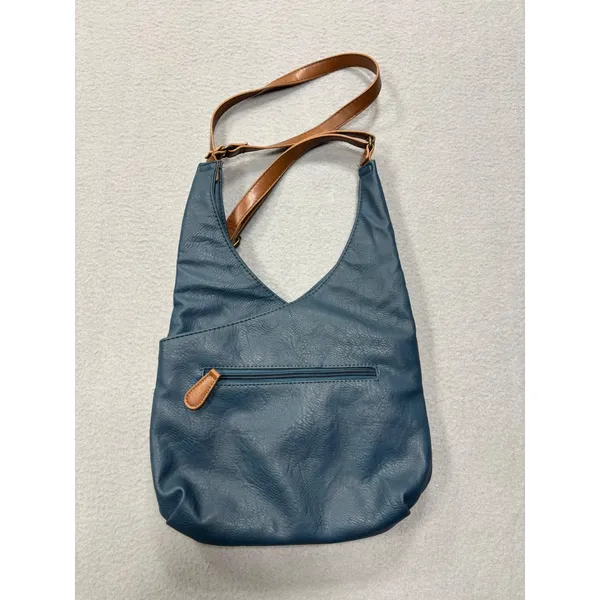Gal Crossbody Bag Women OS Blue Tan Faux Leather‎ Braided Trim Adjustable Strap - Image 8