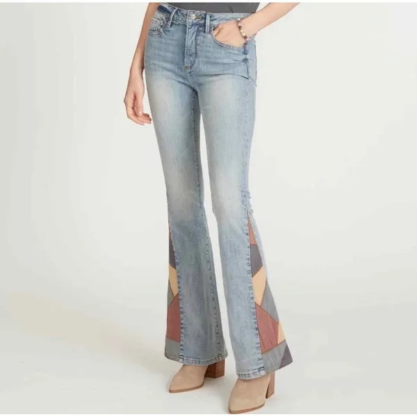 Driftwood Farrah Flare Jeans Faux Suede Patchwork Light Wash Blue Size 31 - Image 2