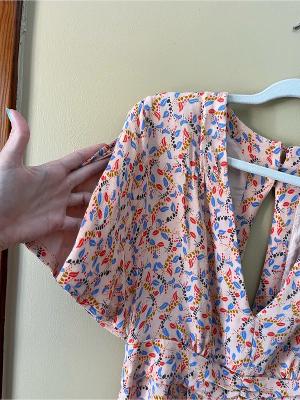 Free People Blush Pink Floral Print Romper with Blue & Red Accents - Image 3