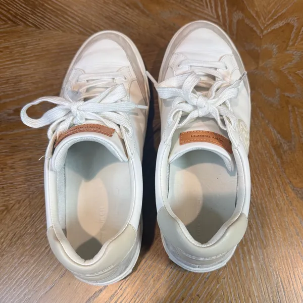 Tory Burch Color Block Sneakers‎ Leather Suede White Tan Neutral Size 9 - Image 6