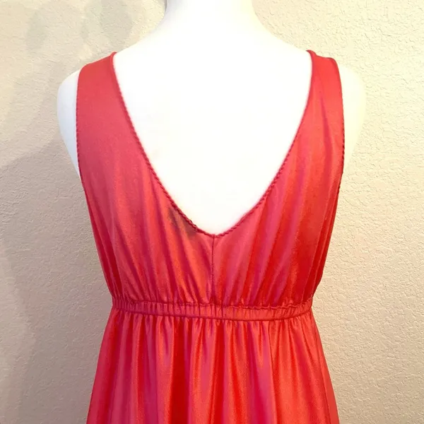 Vintage 70s Maxi Babydoll Slip Dress M Nylon Tiered Coral Nightgown Coquette - Image 5