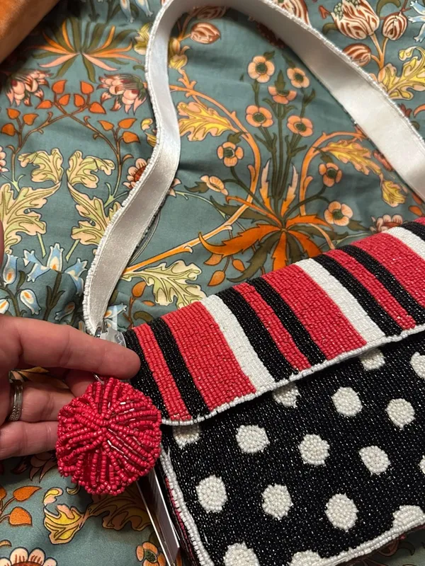 Beaded Polka Dot & Stripe Shoulder Bag in Red, Black & White - Image 5