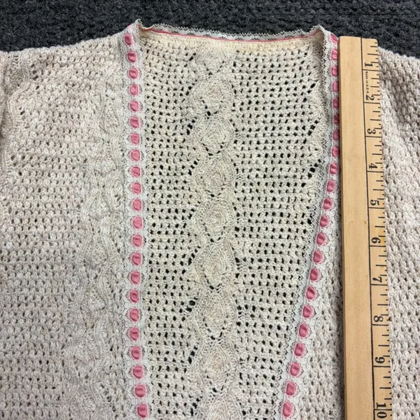 Vintage Style Crochet Knit Cardigan and Camisole Set Beige Pink Ribbon Trim - Image 9