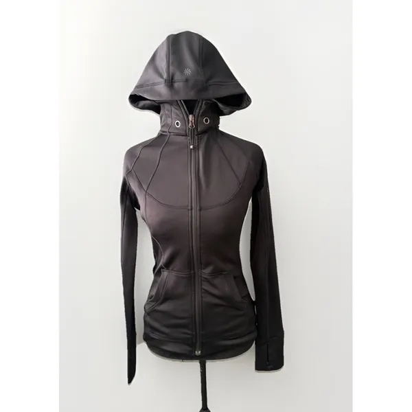 Athleta Hoodie Jacket Small Black Fleece Lined Missing Drawstring - Image 3