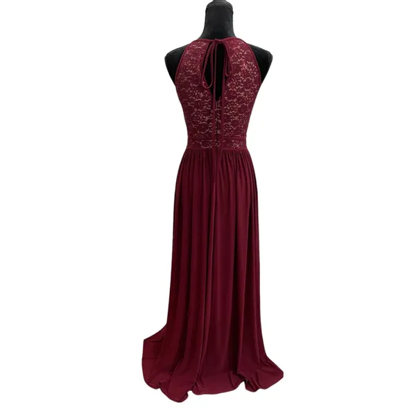 Formal Burgundy Maroon Floor Length Sleeveless Halter Maxi Dress - Image 2