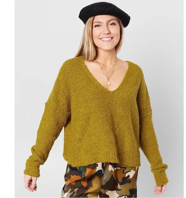 Free People Finders Keepers Sweater Boucle Knit V-Neck Slouchy Boho Moss Green M - Image 3