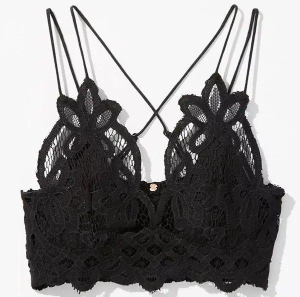 Free People Black Crochet Lace Strappy Crop Bralette Top Cami - Image 3