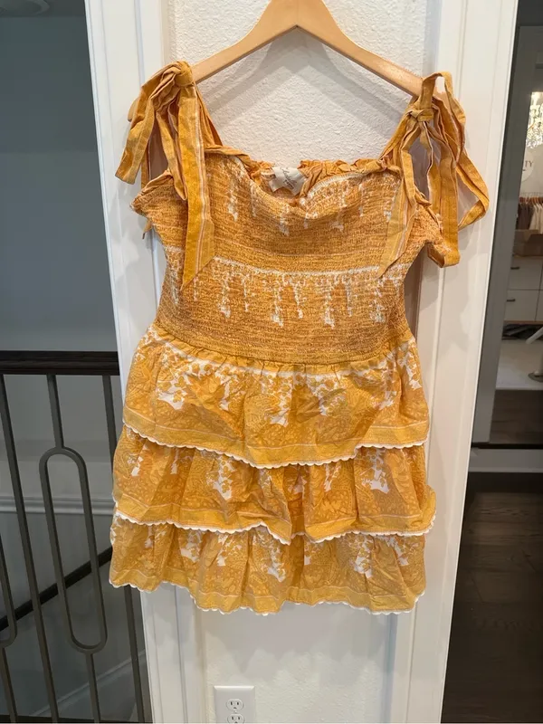 Cleobella Mustard Floral Smocked Tiered Mini Dress Size XL - Image 2