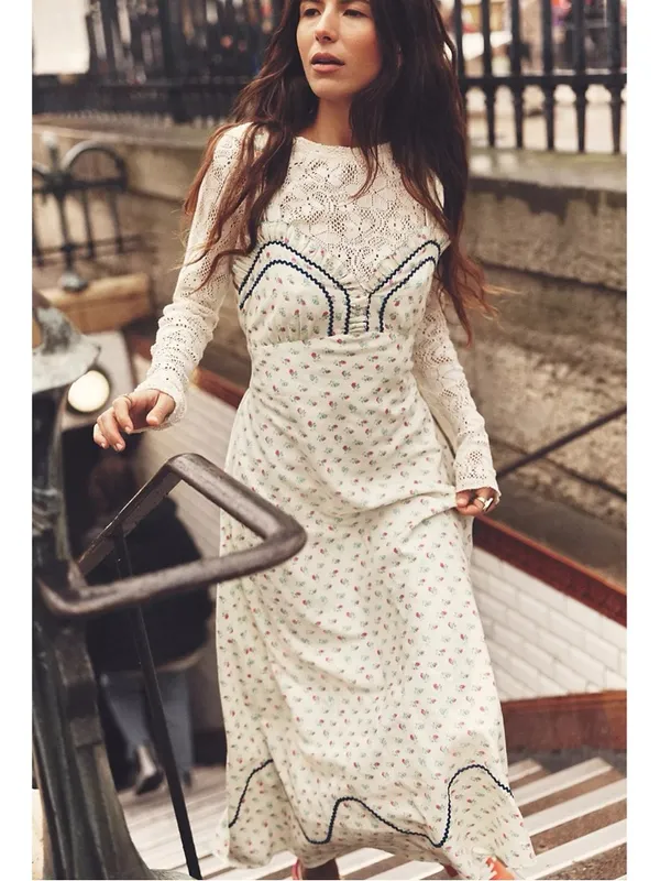Free People Dainty Western Prairie Sweet Hearts Midi Dress in Ivory Combo Large - Image 6