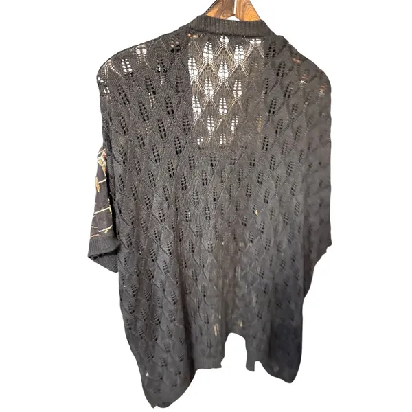Mesh + Lace Black Floral Embroidered Pointelle Knit Kimono Cardigan Large S3281M - Image 5