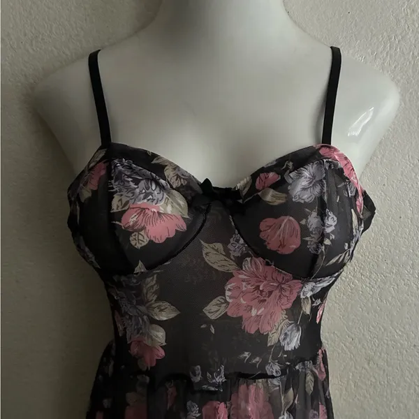 Sheer Floral Chemise Nightgown - Pink Floral on Black XL - Image 5