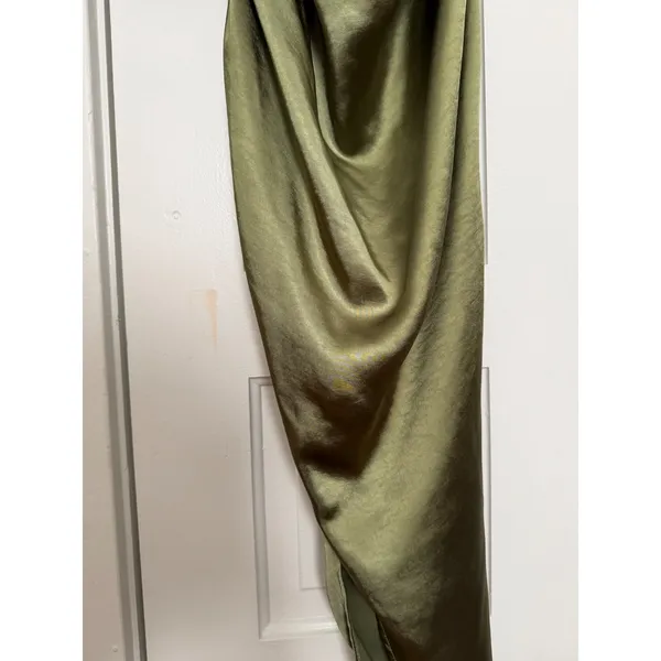 Club L London Olive Green Satin Cowl Neck Ruched Asymmetrical Midi Dress size 10 - Image 10