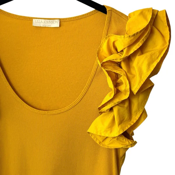 Ulla Johnson‎ Koa Ribbed Knit Top Golden Yellow Ruffle Sleeve Feminine Dainty L - Image 4