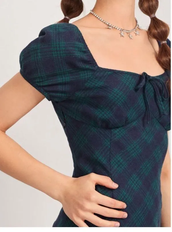 Tie Ruched Bust Ruffle Hem Tartan Dress - Image 5
