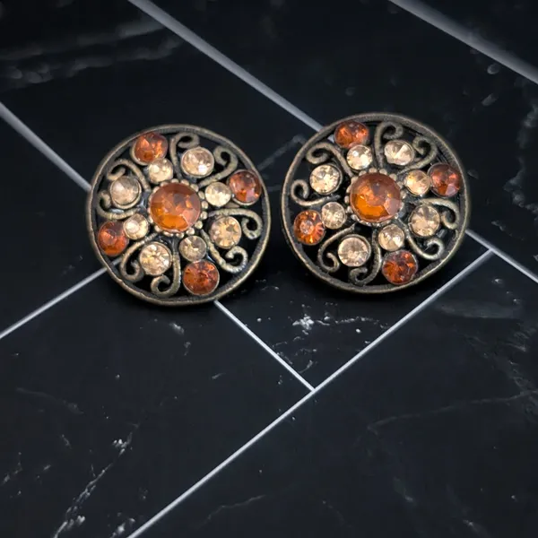 Vintage Clip On Earrings - Dark Bronze Tone with Shades of Orange Gems 7/8" - Image 2