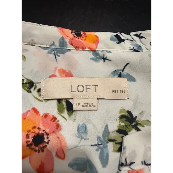 Loft Petites Floral Long Sleeve Tie Neck Blouse Orange Blue White LP - Image 2