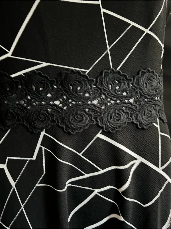 Owin Women’s Black & White Geometric Fit-&-Flare Dress Floral Lace Waist LG NWT - Image 6