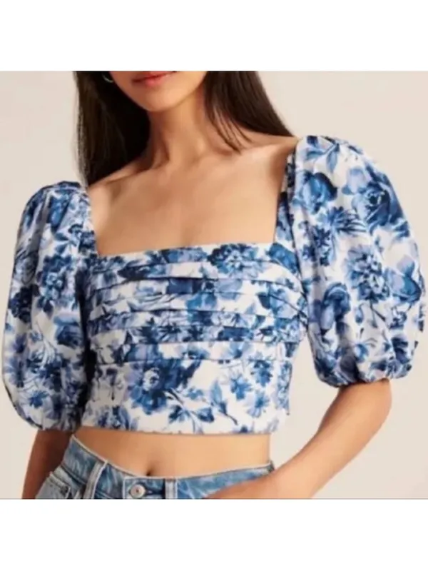 Abercrombie & Fitch Emerson Blue White Floral Crop Smocked Puff Sleeve Top Small - Image 3