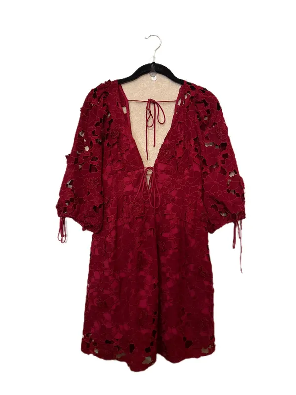 Storia Deep Red Lace V-Neck Eyelet Floral Mini Dress - Image 5