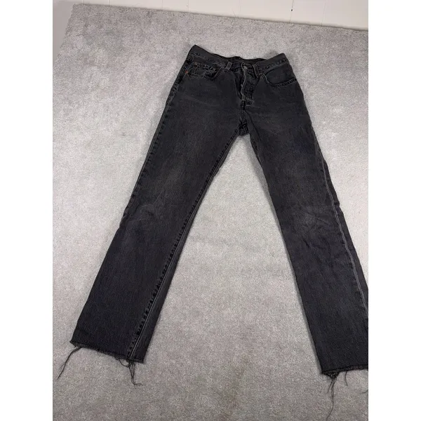 womens levis 501 button fly jeans 26x28 raw‎ hem Washed Black Gray - Image 2
