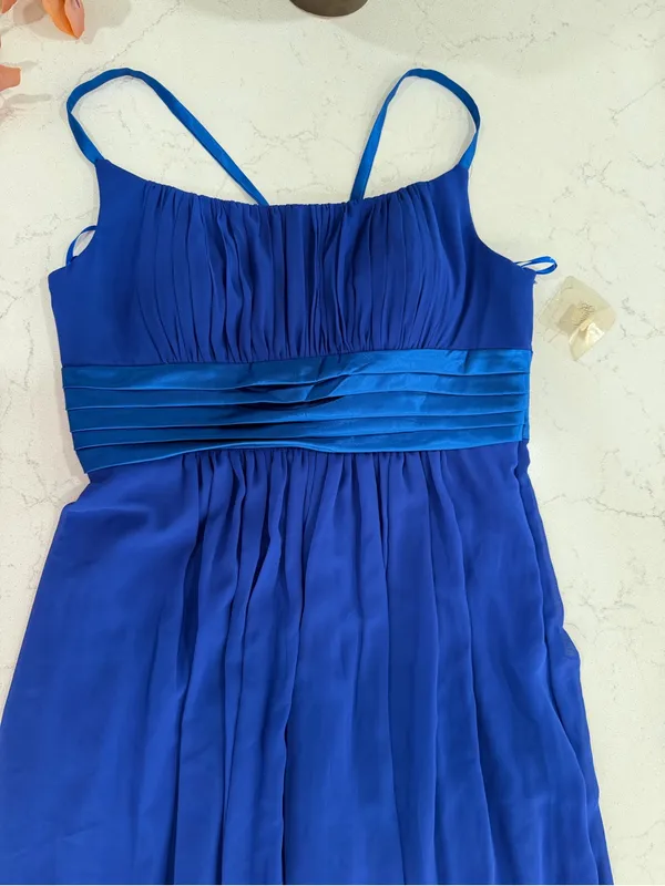 Elegant Blue Chiffon Maxi Dress with Satin Waistband - Image 3