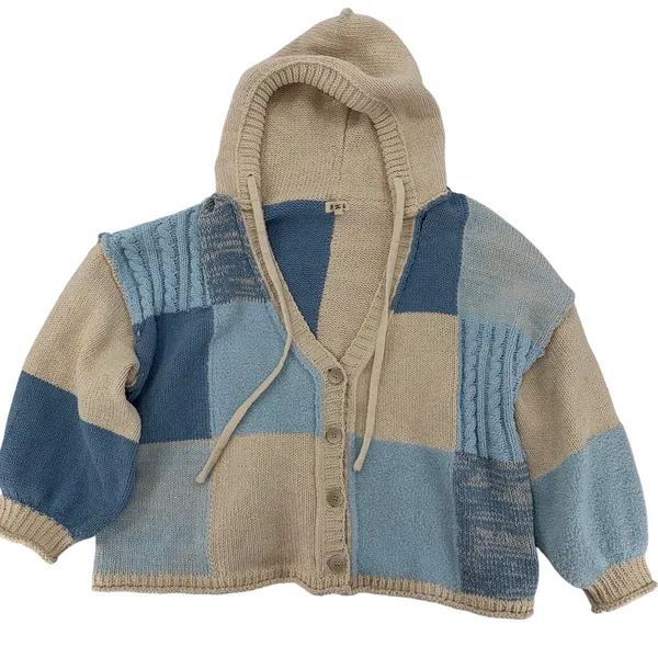 POL Blue Beige Patchwork Knit Hooded Button Cardigan Sweater Cozy Boho Size M - Image 2