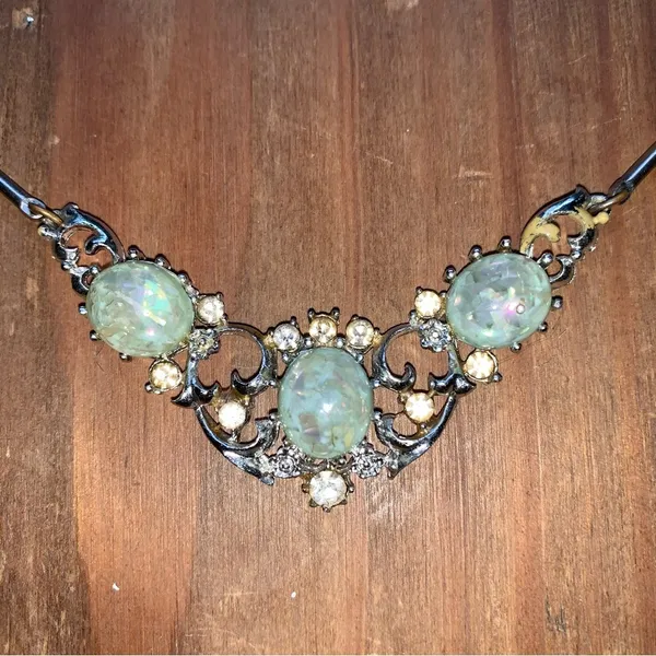 Opal Necklace Circlet Silver Statement Bib Vintage Elegant Mermaid Queen Jewelry Green - Image 2