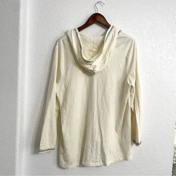 J Jill Womens Cardigan Ivory One Button Emroidered Hooded Cotton Size Large - Image 2