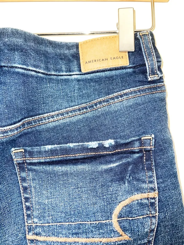 American Eagle Dark Wash Blue Raw Hem Frayed Denim Hi-Rise Shortie Jean Shorts - Image 7