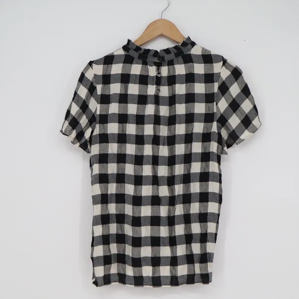 LOFT Black White Buffalo Plaid Smocked Ruffle Neck Blouse Top Medium - Image 4