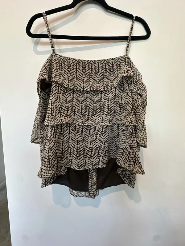 a.n.a A New Approach Brown and Beige Patterned Layered Ruffle Spaghetti Strap To - Image 3