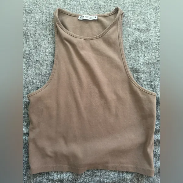 Zara Sleeveless Ribbed High-Neck Tank Top in Tan - Image 2