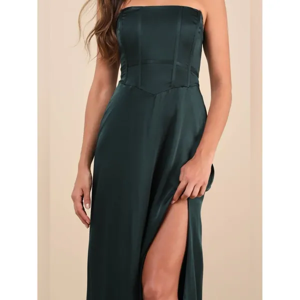 Lulus Extraordinary Presence Dark Green Satin Strapless Maxi Dress Size XS NWT - Image 4