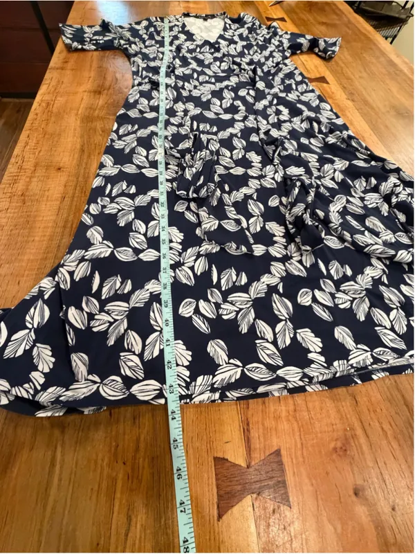 41 Hawthorn Womens 1X Faux Wrap Dress Navy Blue White Leaf Print Short Sleeve Mi - Image 11