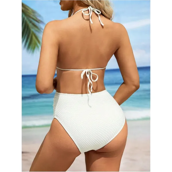 Maternity 3 Piece Swimsuit Textured Ruffle Halter Bikini Set w/ Skirt LARGE - Image 2