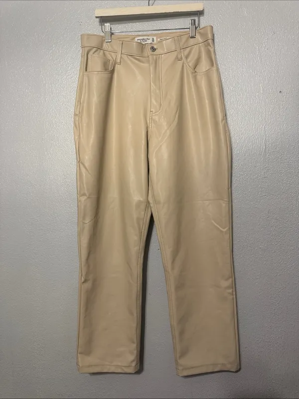 Abercrombie & Fitch Cream Vegan Leather The 90s Straight Pants - Size 31 / 12S - Image 2