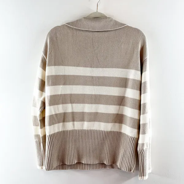 Zesica Long Sleeve V Neck Striped Polo Pullover Sweater Tan White Small - Image 5