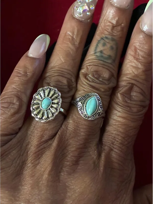 Western Turquoise Ring Set 2 Pc Sunburst & Marquise Stacking Bands sizes 6 & 7.5 - Image 2