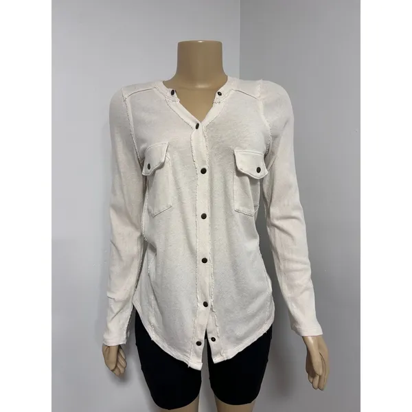 We The Free Free People Cream Henley Long Sleeve Button Down Raw Seam Top L - Image 7