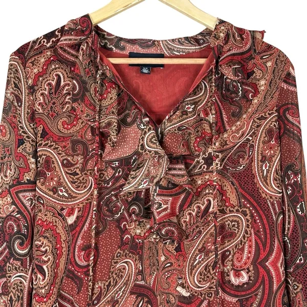 Premise Ruffle Tie Neck Paisley Print Blouse Red Brown Mature Lightweight Size S - Image 3