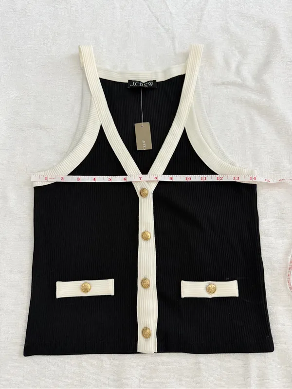 J.Crew Black & White Ribbed Button Front Tank Top Gold Buttons Size S NWT - Image 8