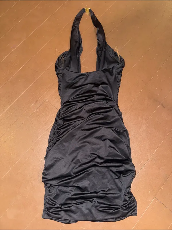 Oh Polly Black Deep V Ruched Bodycon Mini Dress - Image 3