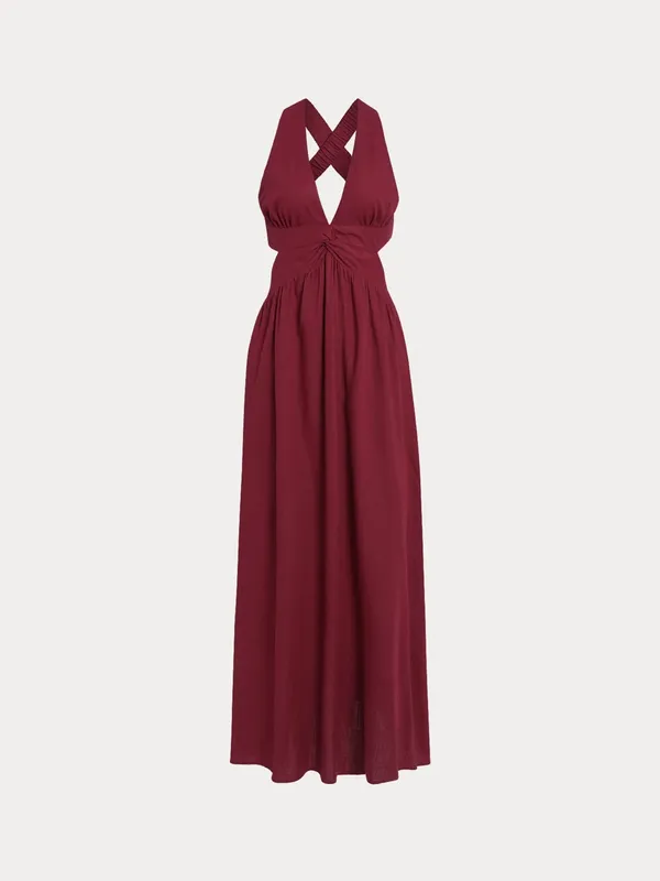 Berlook Wine Red V Neck Plaeted Beach Dress - Image 7